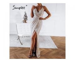 Simples Sexy V-Neck Lace Up Halter Lantejoula Vestidos De Festa Mulheres Férias Evening