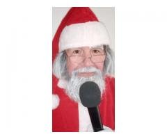 locutor de lojas fantasiado de papai Noel , papai Noel locutor em óticas