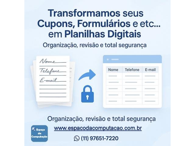 Transformamos seus Cupons, Fichas, Formulários em Planilhas Digitais
