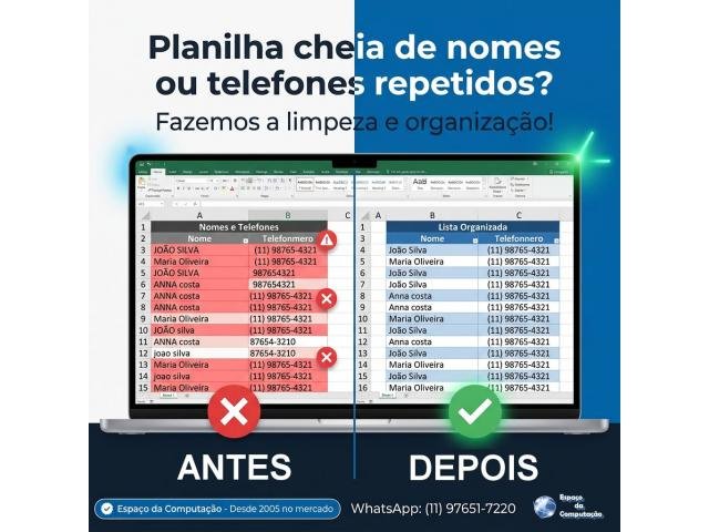 Está com uma planilha cheia de nomes ou telefones repetidos? Fazemos a limpeza e organização